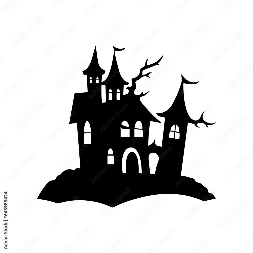  silhouette of vampire castle Scary ghost house on Halloween night. 
