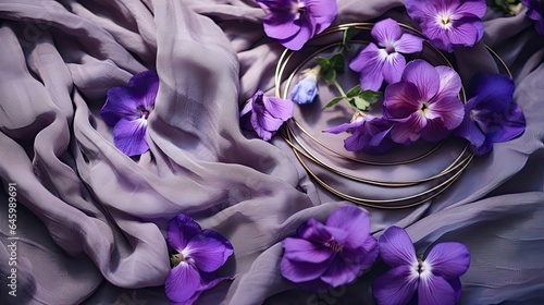 Delicate petals of violets arranged with boho scarves and headbands on a vintage leather surface. Gorgeous wallpaper texture, spa or relax graphic. 