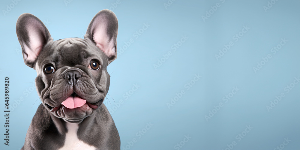 Banner, template, copy space with cute french bulldog isolated on pastel blue background.