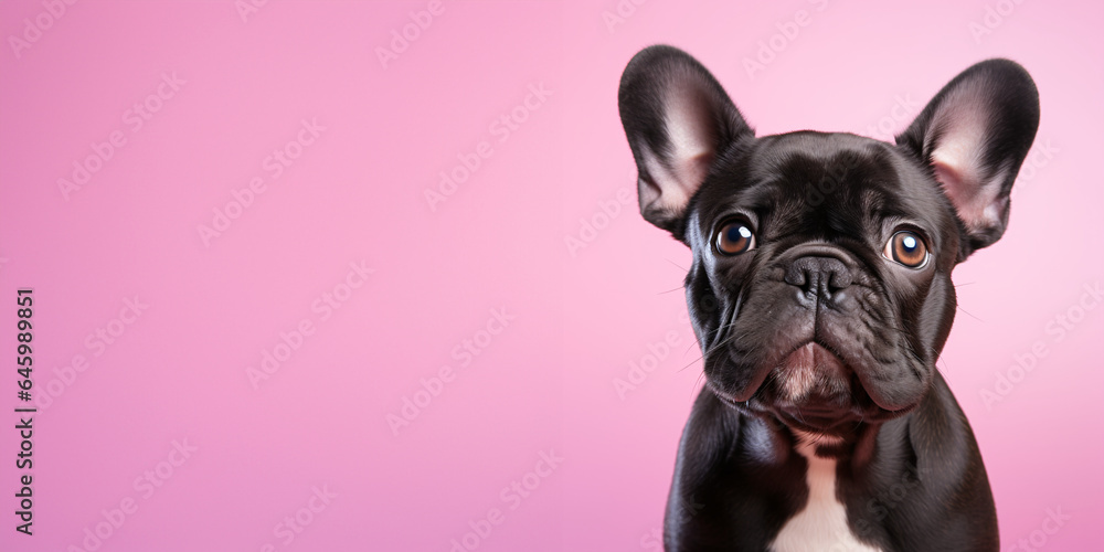 Banner, template, copy space with cute french bulldog isolated on pastel pink background.