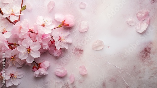 Fotografie, Tablou Scattered petals of pink cherry blossoms accompanied by crystal clusters on a marble surface