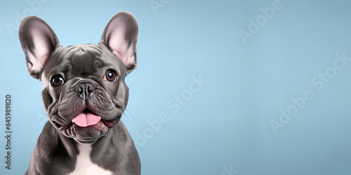 Banner, template, copy space with cute french bulldog isolated on pastel blue background. © TimeaPeter