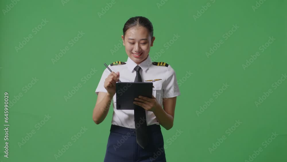 Asian Woman Pilot Smiling And Pointing To Tablet In Her Hand While Standing In The Green Screen Background Studio
Asian Woman Pilot Smiling And Pointing To Tablet In Her Hand While Standing In The Green Screen Background Studio