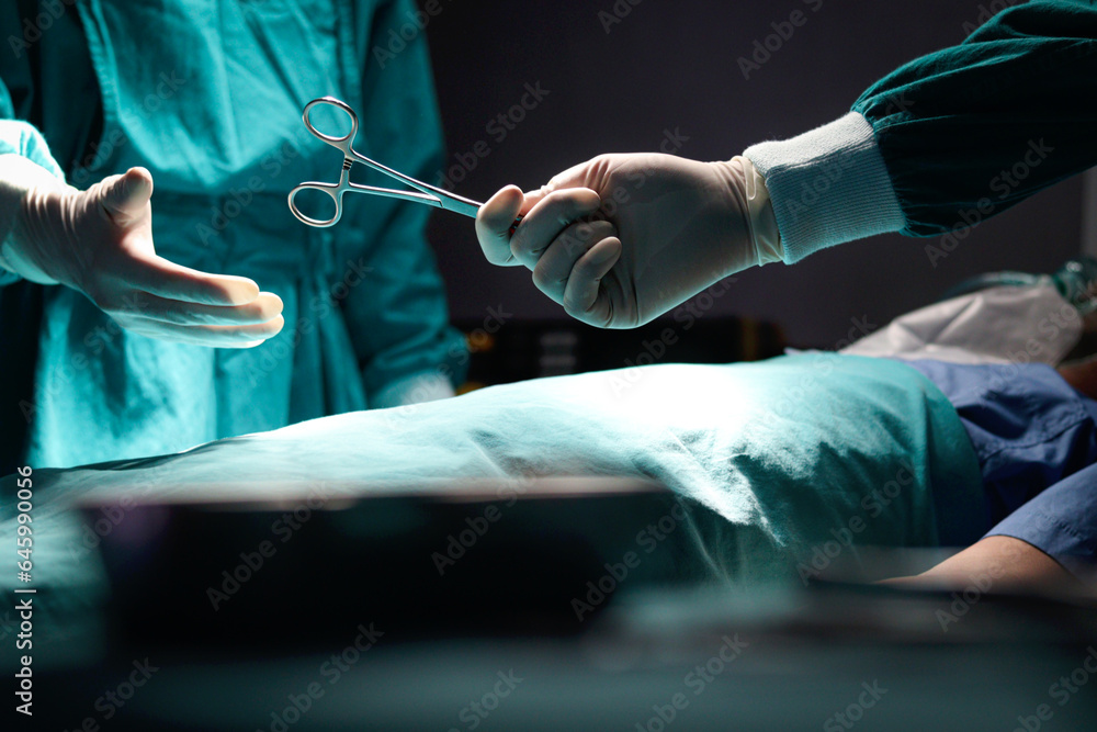 Surgeon doctor holding surgical scissors and passing surgical equipment to each other in the operating room at hospital. Professional surgical team operating surgery patient, healthcare and medical. Surgeon doctor holding surgical scissors and passing surgical equipment to each other in the operating room at hospital. Professional surgical team operating surgery patient, healthcare and medical.