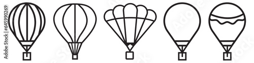 Hot Air Balloon icon. Aerostat helium gas or fire operated travel balloon symbol. Floating airship with basket vector.