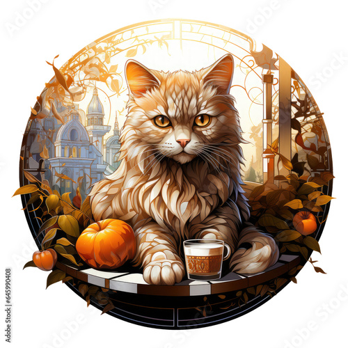 An enchanting persian cat coffee t-shirt design featuring a sunlit courtyard scene where a person enjoys a cup of coffee on a mosaic bench, Generative Ai