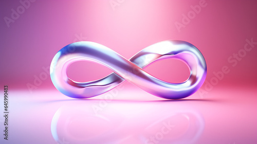 Iridescent infinity sign isolated on pink background.