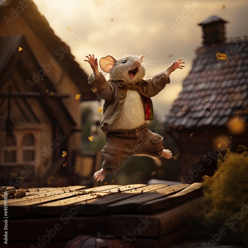 A delightful illustration of a cheerful mouse dancing and jumping on a rooftop, capturing the essence of joy, freedom, and whimsicality. Generative AI