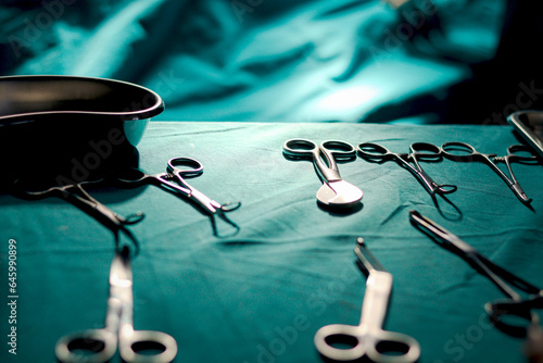 surgical instrument on table in operating room, medical equipment for professional surgeon doctor doing surgery at hospital. Surgical team operating surgery patient, healthcare and medical concept.