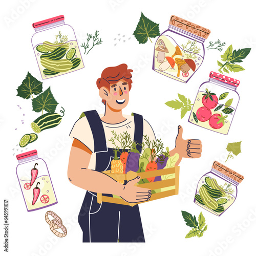 Farmer presenting canned preserved food made of vegetables harvest of his farm, flat cartoon vector illustration isolated on white backgrounds. Farm and local food products label design element.