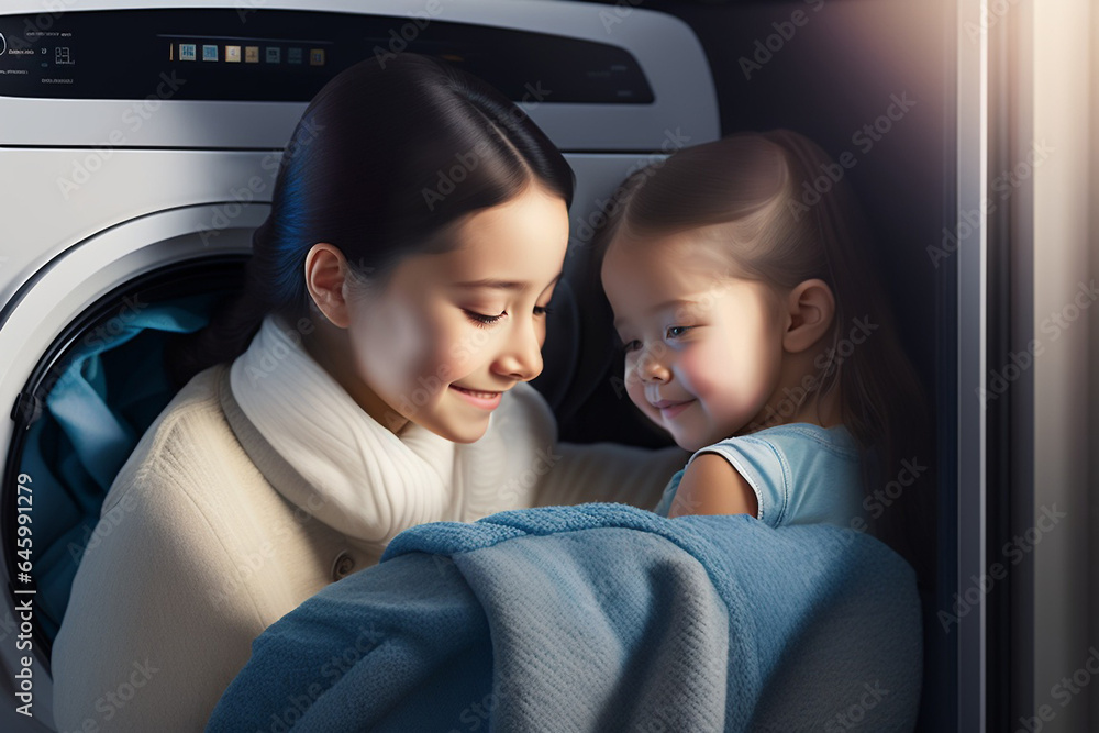 Fototapeta premium asian young woman and child girl little helper are having fun and smiling while doing laundry at home. Happy family mother house wife, child in laundry with washing machine. wintertime. Generative ai.