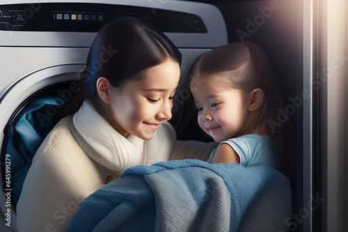 asian young woman and child girl little helper are having fun and smiling while doing laundry at home. Happy family mother house wife, child in laundry with washing machine. wintertime. Generative ai. photo