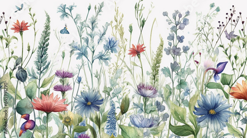 Watercolor floral background with wildflowers. Hand drawn illustration. generative ai © Graphicsstudio 5