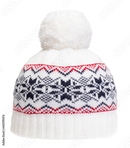 White knitted winter bobble hat decorated with Scandinavian geometric ornament. Handmade woolly cap with pompom on top