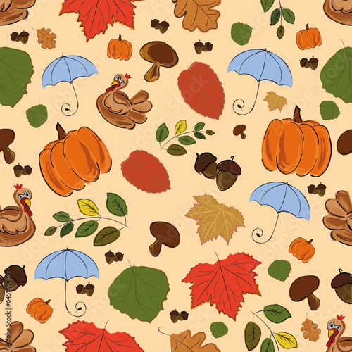Autumn  Seamless pattern  Vector  Leaves in autumn colors  chicken  acorns  pumpkin  mushrooms  autumn background  print