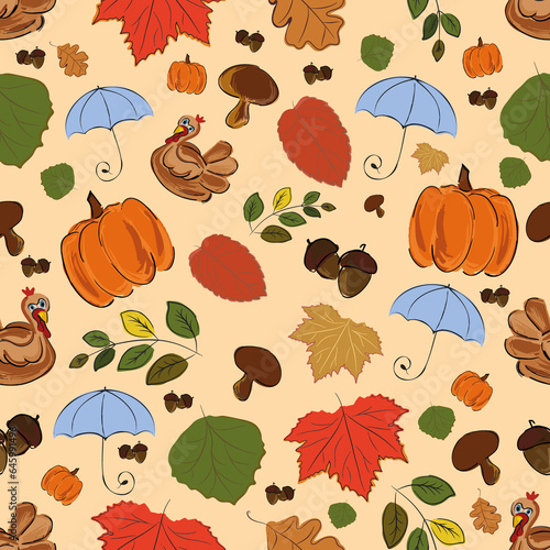 Autumn, Seamless pattern, Vector, Leaves in autumn colors, chicken, acorns, pumpkin, mushrooms, autumn background, print