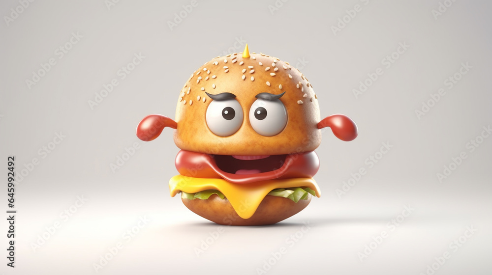 Burger character with tongue out isolated on orange background. 3d illustration generative ai