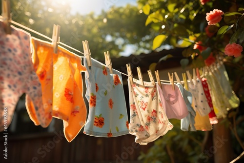 Colorful baby clothes hang on a clothesline outside in the garden in the sun after washing. photo