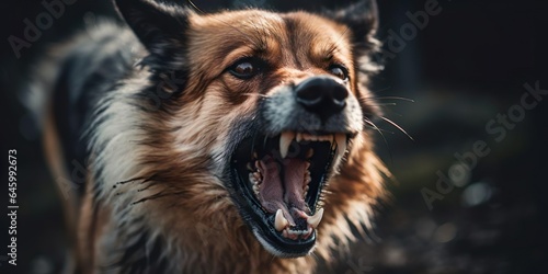 Slika na platnu Aggressiver Hund mit spitzen Zähnen bellt, knurrt und greift Betrachter an