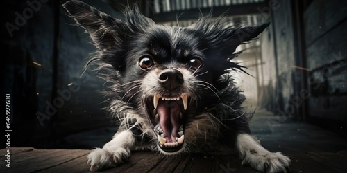 Aggressiver Hund mit spitzen Zähnen bellt, knurrt und greift Betrachter an photo