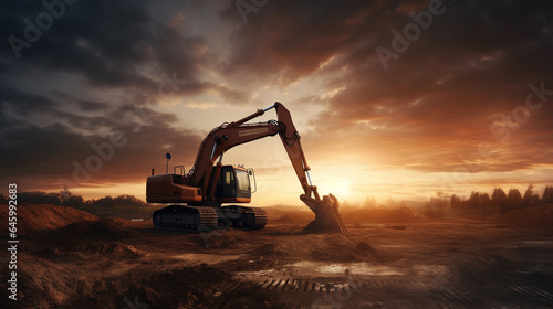 Excavator on construction site at sunset. 3d render. generative ai