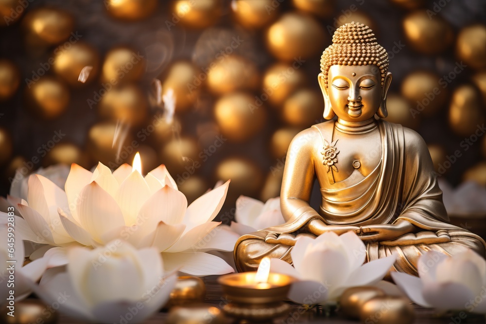 glowing Lotus flowers and gold buddha statue - obrazy, fototapety, plakaty 