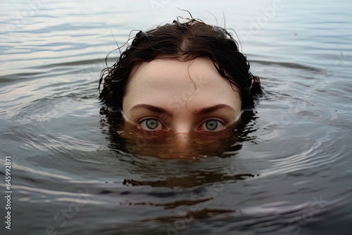 A mysterious woman with only her eyes above the water. Great for stories about mermaids, horror, crime, witches, eerie, evil and more. © Virtual Actors