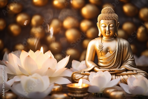 glowing Lotus flowers and gold buddha statue photo