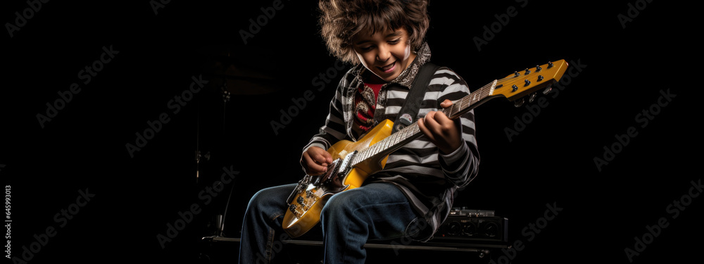Teenage boy playing guitar on dark background