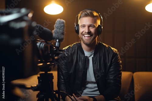 Male influencers or content creators record podcasts or YouTube videos speaking on camera.