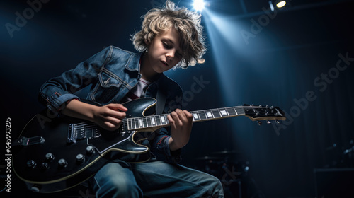 Teenage boy playing guitar on dark background