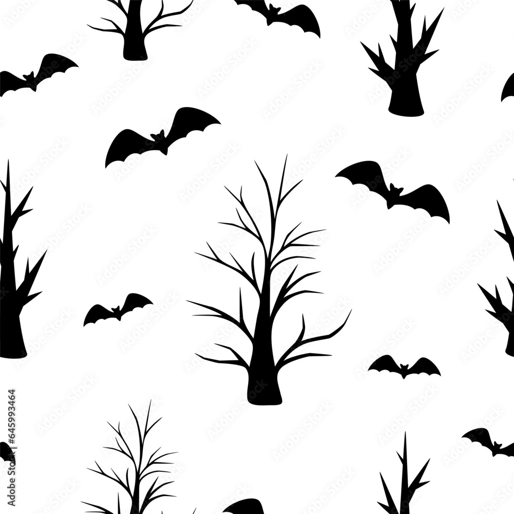 Halloween seamless pattern with tree, bat. Vector illustration.