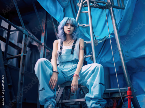 Modern young Asian woman with vibrant blue dyed hair and blue overalls, striking a pose on the rooftop of an industrial setting.
