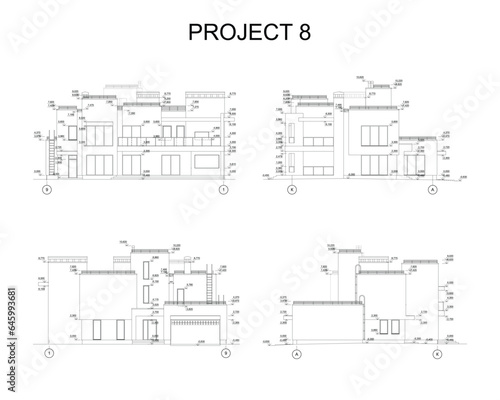 Detailed architectural two story private house blueprints and drawings. Vector illustration