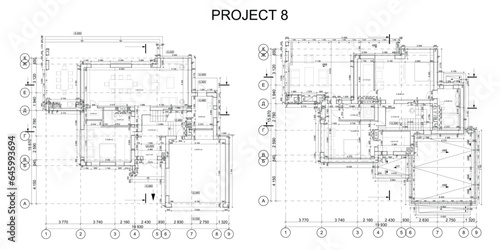 Detailed architectural two story private house blueprints and drawings. Vector illustration