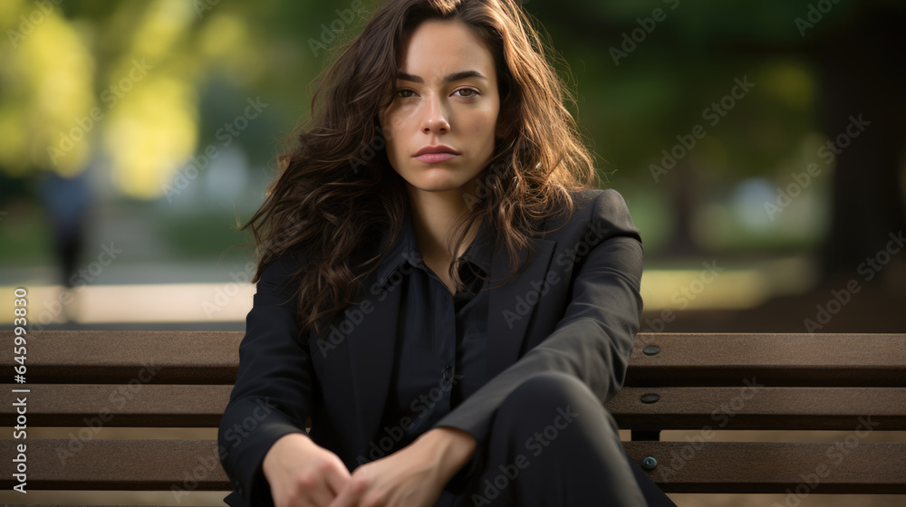 Businesswoman in depression sitting on bench in the park outdoors suffering from overwork, stress, job loss Businesswoman in depression sitting on bench in the park outdoors suffering from overwork, stress, job loss