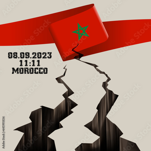 Catastrophic devastating earthquake in Morocco. Natural disaster in Marrakech, High Atlas mountain range on 8 September 2023. Massive cracks with Moroccan flag and map.