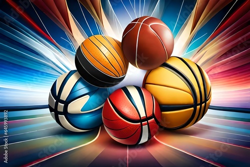 Sports equipment with a football basketball baseball soccer tennis ball volleyball boxing gloves and badminton as a symbol of sports online on colorful background. illustration. © Chechucova
