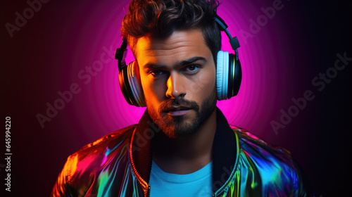Young man in neon lights wearing headphones listening to his favorite music.