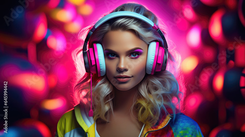 Young woman in neon lights wearing headphones listening to her favorite music. © MP Studio