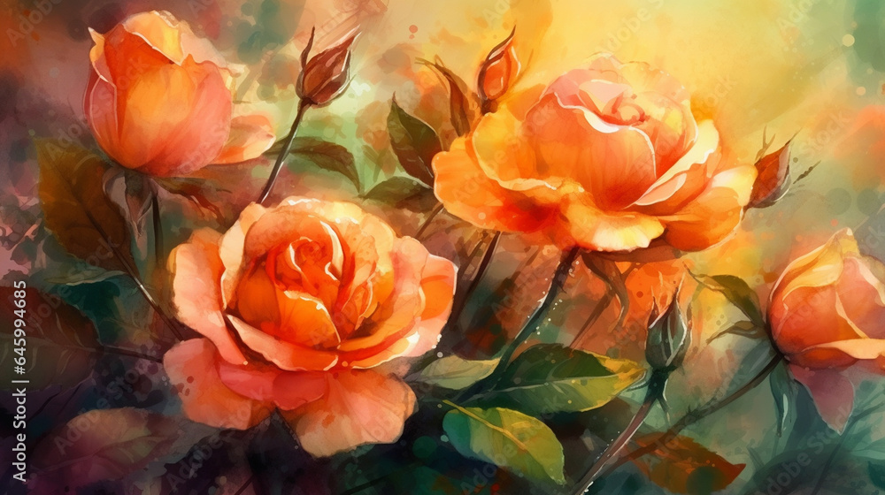 Watercolor painting of orange roses on watercolor background. Hand drawn illustration. generated ai