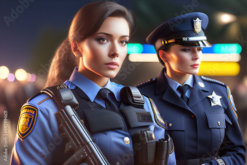 2 two Police Women in american uniform and partner next to each other. female Caucasian and latino hispanic police officers with gun stand against urban background. night patrol. couple of policewomen