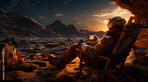 an astronaut on a deck chair enjoys the view of the planet Mars photo