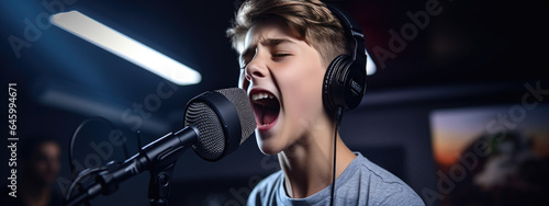 Young boy singing against a dark background with dimmed lights