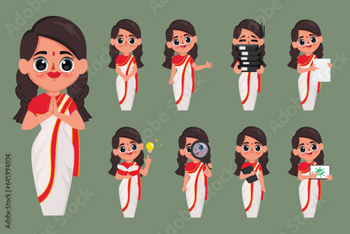 Portrait Young indian woman wearing saree. Business woman cartoon character design.