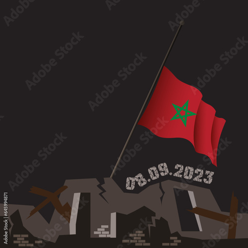 Catastrophic devastating earthquake in Morocco. Natural disaster in Marrakech, High Atlas mountain range on 8 September 2023. Massive cracks with Moroccan flag and map.