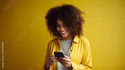 A young woman in a yellow jacket happily looking at a smartphone on a yellow background