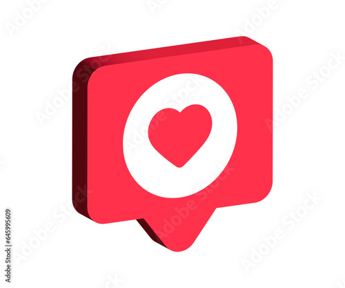 3d Like and love icon button in speech bubble. heart icon in modern 3d chat bubble shapes , Social media notification icons. emoji post reactions set. Vector illustration