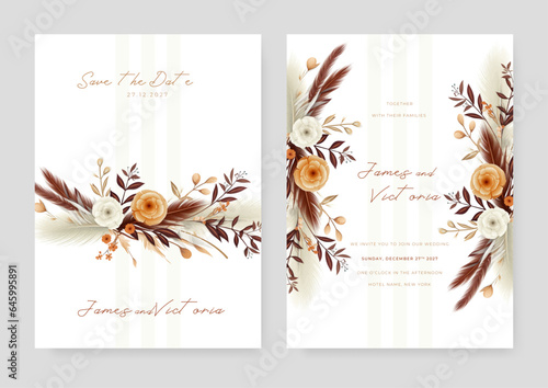 Brown white and beige modern wedding invitation template with flora and flower