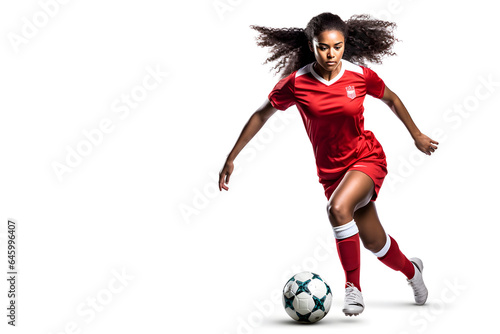 Female football player playing football, Woman soccer player in jersey dribbling the ball isolated on white background, Generative AI